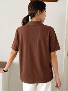 Dazy-Less Women's Loose Casual Polo Collar Short Sleeve Button-Up Coffee Brown Solid Color 100% Cotton T-Shirt - Coffee Brown - View 2