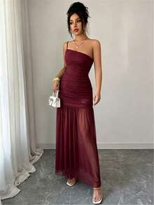 Elenzga Women's Summer New Beach Vacation Dress, Light Blue Mesh One Shoulder Bandeau Fitted Dress - Burgundy - View 6