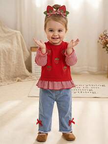 SHEIN 嬰兒/幼兒（女童）甜美可愛時尚 3D 花卉裝飾條紋拼接長袖上衣與牛仔褲 T-shirt 套裝 - 紅色 - 查看 4