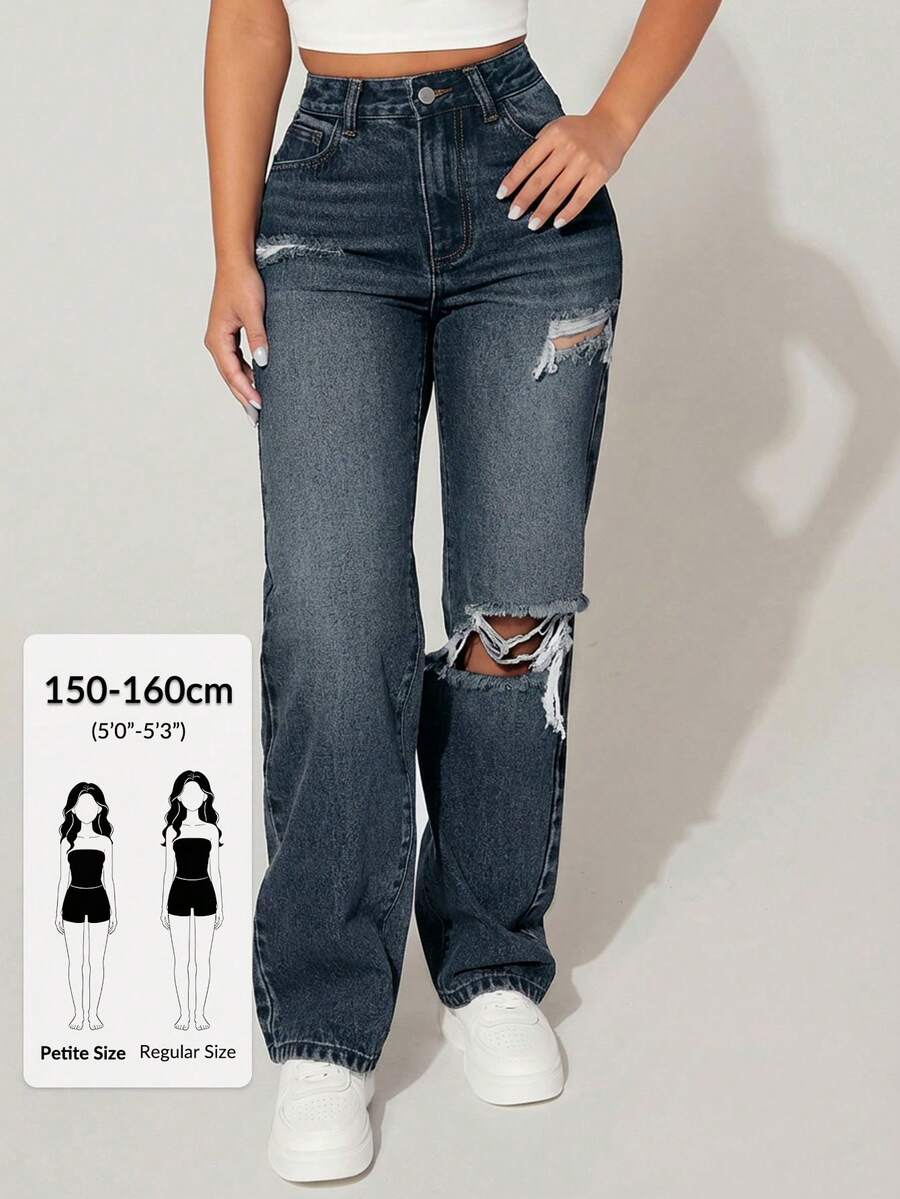 SHEIN PETITE Solid Color Distressed Slant Pocket Casual Versatile Denim Jeans ,Petite Women - Dark Wash - View 1