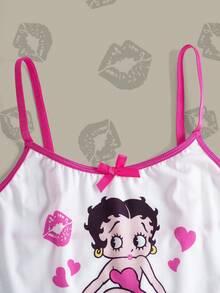 Betty Boop x SHEIN 女士卡通人物字母印花撞色包边蝴蝶结细节文胸和内裤套装 - 玫紅色 - 查看 3