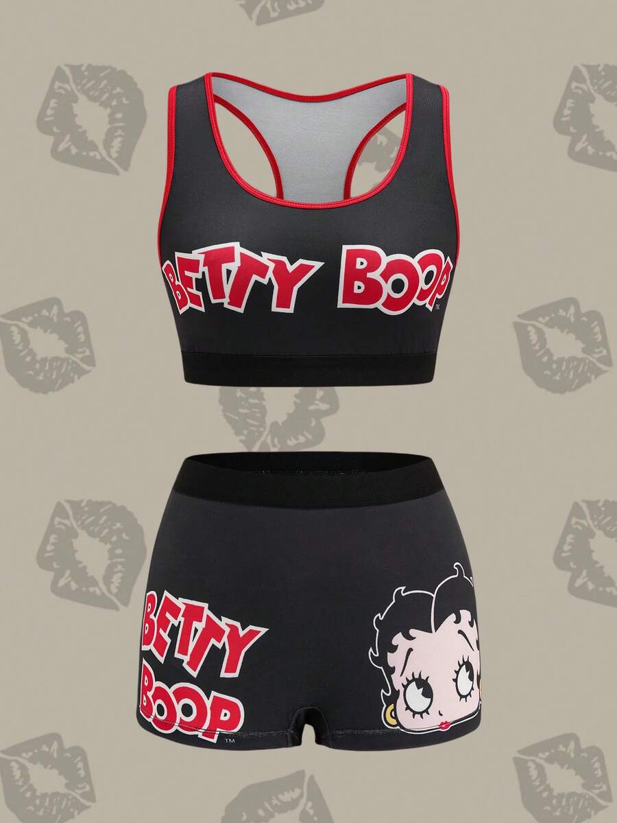 Betty Boop x SHEIN 大码圆领无袖撞色滚边时尚印花内衣套装 - 黑色 - 查看 1