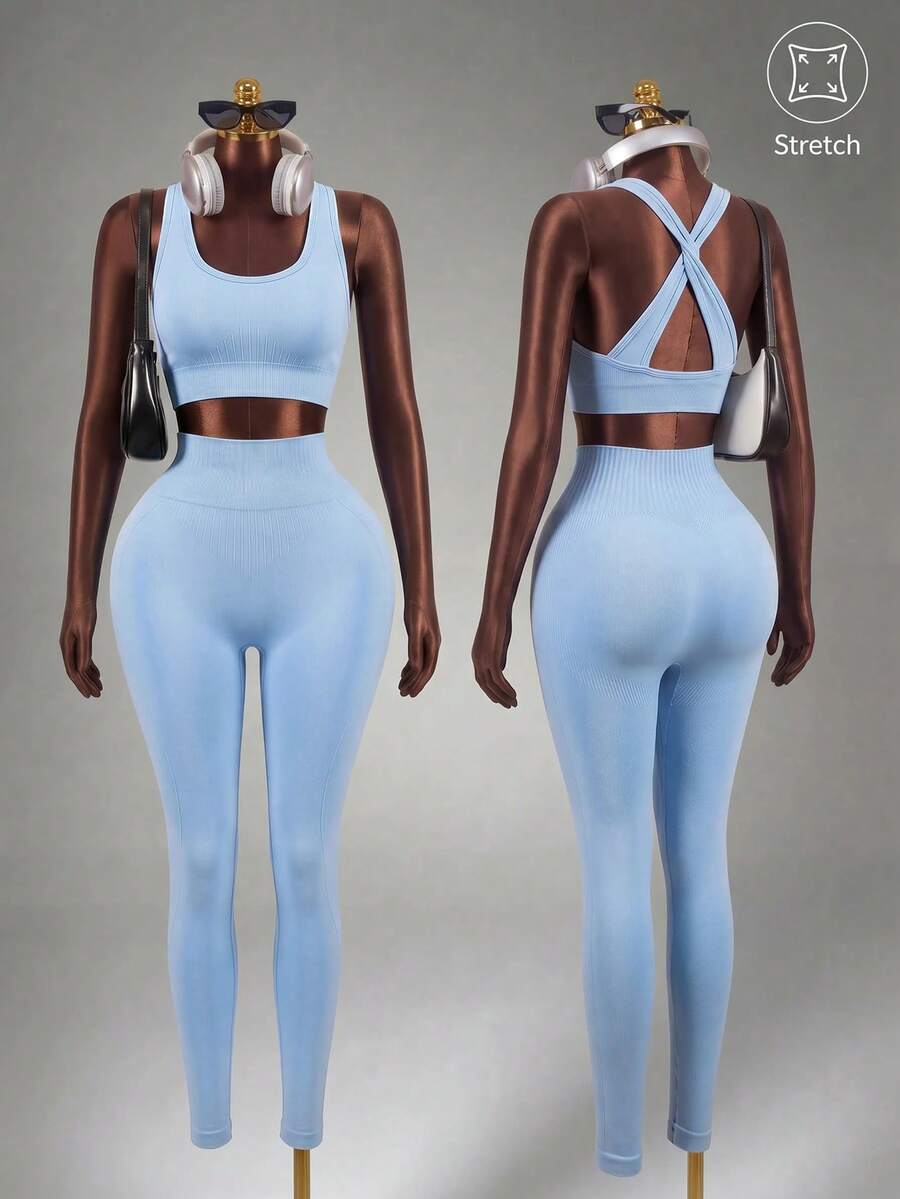 Mistrie Women Twist Back Cropped Tank Top And Sports Leggings Set Workout Women Sets - Baby Blue - View 1