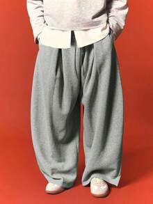 SUMWON Pleated Barrel Fit Sweatpants With Drawstring Waist Oversized Wide Leg Fleece Jogger Trousers - Grey - View 4