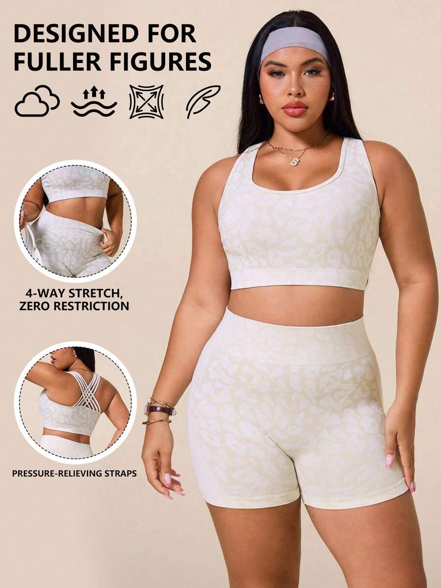 SHEIN Rhythm Era 女款豹紋交叉背心上衣與短褲運動套裝