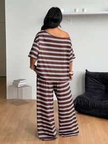 Coolane 女款大尺碼秋季休閒街頭風度假棕色條紋露肩T恤與寬腿運動褲兩件套穿搭 - 摩卡棕 - 查看 7