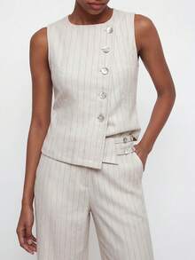 Maija Apricot Striped Summer Fall Urban Women 2 Pieces Set Asymmetric Front Top Sleeveless Fitted Waist Wide Leg Casual Wrap Pants Festival Going Out Casual - Apricot - View 2
