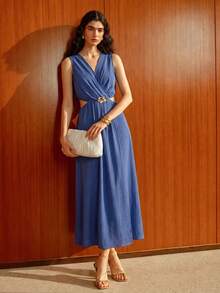 SHEIN Women's Sleeveless Long Dress With Metal Waist Decoration And Cutout Design - Blue - View 3