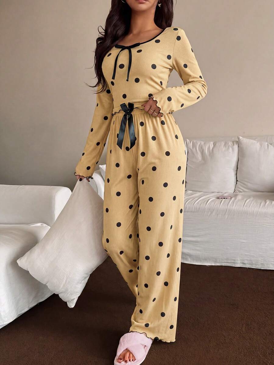 Napfluff 女款波點印花長袖長褲休閒睡衣套裝 - 黃色 - 查看 1