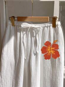 Comfortcana Women's Printed Drawstring Wide Leg Loose Pants, 100% Cotton Casual Beach Pants For Summer - Orange - View 7