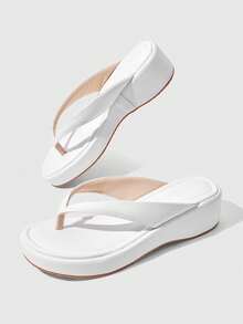 HighSole 春夏新款白色厚底坡跟夾腳拖鞋女鞋，防滑增高休閒舒適涼鞋，百搭款戶外海灘度假首選，居家必備夾腳拖 - 白色 - 查看 6
