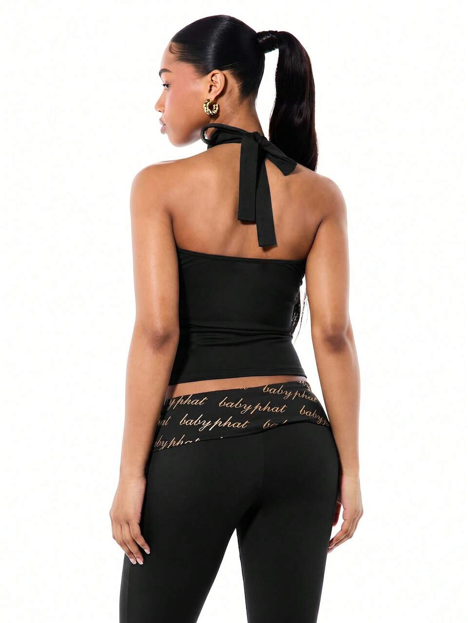 BABYPHAT Crop top con collo a laccio e stampa del logo dorato, stile bandeau senza maniche in jersey