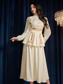 Modelyn 2 件女式花卉印花雪纺衬衫和 A 字裙套装，优雅浪漫 - 白色 - 查看 3