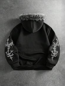 ROMWE MEN Goth 男士哥德式圖案毛絨連帽拉鍊休閒日常長袖衛衣 - 黑色 - 查看 2