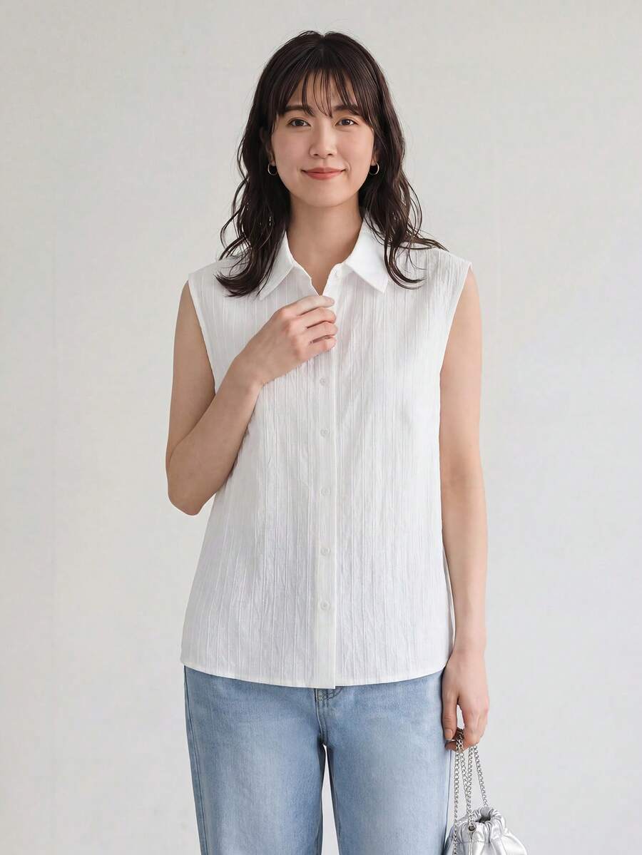 Yumoku 休閒百搭簡約純色無袖上衣 - 白色 - 查看 1