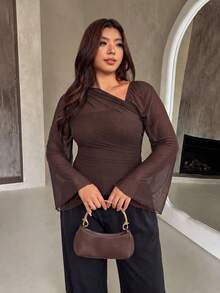 Firerie Plus Size Women's Solid Color Asymmetric Collar Bell Sleeve Fashion Brown Top For Women Elegant Office Business Work Top Elegant Graduation Top Women - Coffee Brown - View 9