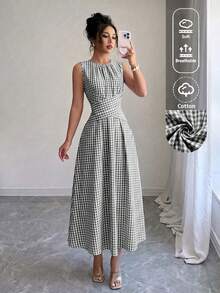 SHEIN LUNE Women's Summer Blue & White Plaid Fabric Round Neck Cinched Waist Full Skirt Sleeveless Maxi Dress, Elegant Sophisticated Birthday Gift Date Party Festival Travel Beach Vacation Street Photography Outfit, Summer Clothing, Summer Dress, Summer New Arrival Essential Fashion Item, Niche Design Versatile Style, Women's Casual Vacation Style Maxi Dress - Black - View 3