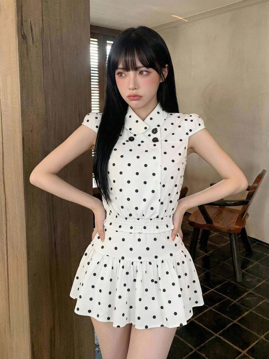 Sweetina 女款波點短袖上衣與短褲休閒日常套裝 - 白色 - 查看 1