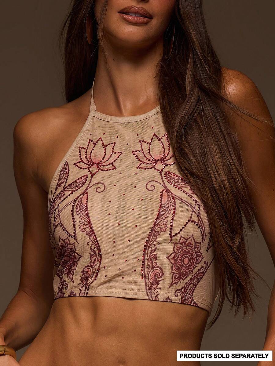 MUSERA Nude Hotfix Henna Detail Halterneck Fitted Crop Top - Multicolor - View 1