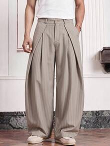 SWAVVY Men's Striped Pleated Wide Leg Loose Fit Long Pants With Pockets - Apricot - View 3