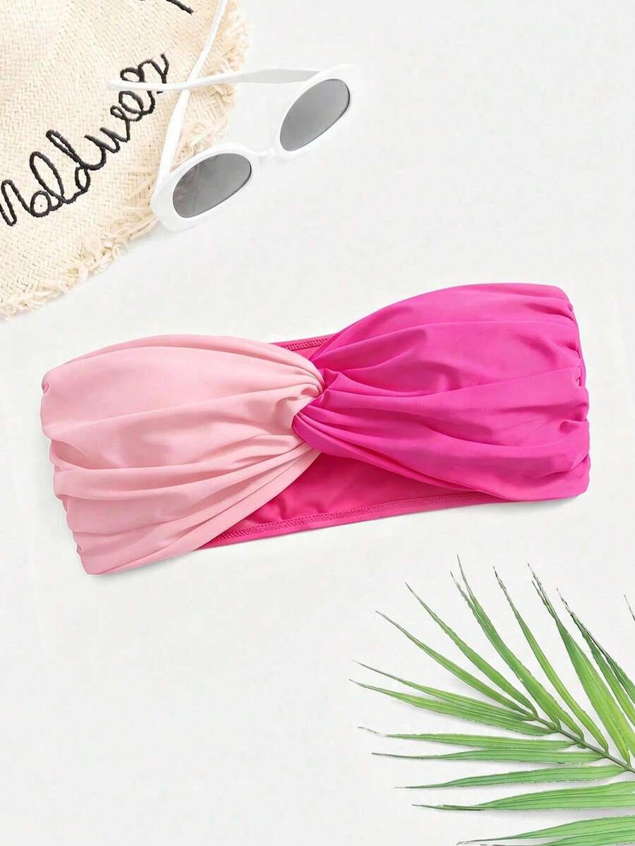 Swim Basics Contrast Color Twist Bandeau Bikini Top - Multicolor - View 1