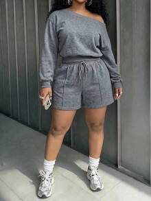 Slaydiva Plus Size Women's Asymmetrical Shoulder Long Sleeve Top And Shorts 2 Pieces Set Formal Vacation Grey Summer Casual Streetwear - Grey - View 5