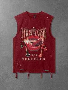 ROMWE MEN Street Life Men's Lips & Cross Print Sequin Tank Top - Red - View 6