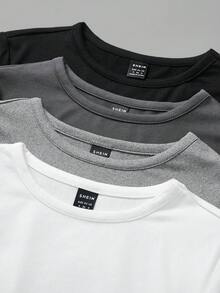 SHEIN BASICS 4件組女款純色針織圓領短袖修身連身衣 夏季服飾 日常辦公穿搭 黑色 灰色 淺灰色 白色 基本款 內斂 - 灰色 - 查看 4