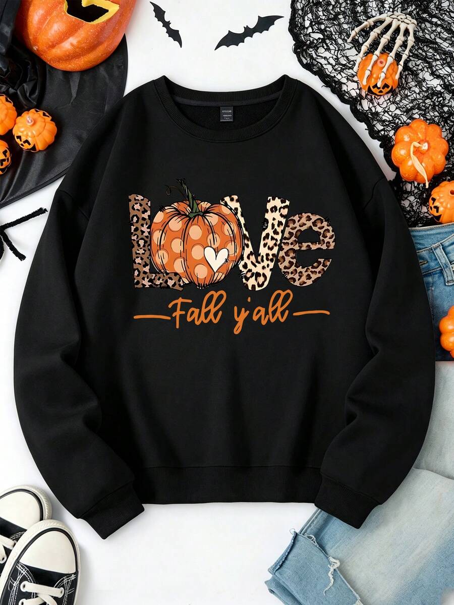 SHEIN LUNE Regular Women's Halloween Masked Ghost Comfortable Sweatshirt, Pumpkin Coffee Sweatshirt, Spooky Aut - Black - View 1