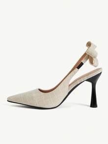 CUCCOO CHICEST Stylish Apricot Tweed Pointed-Toe High Heels With A Bow, Elegant, Comfortable, And Simple Design; Perfect For Parties And Banquets. - apricot linen - View 5