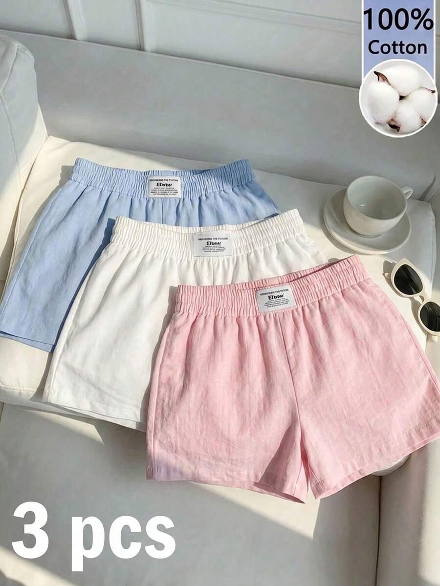 Comfortcana 100%純棉女款純色短褲,3件套,適合夏季 - 彩色 - 查看 1