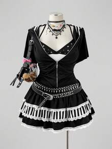 Sunspun 2pcs Sexy Black Animal Ear Cat Ear Hoodie & Striped Sweatshirt Jacket With Striped Cute Decor Half Skirt, Sexy Holiday Elegant Suitable For Festival Commute Outing Date Party Dark Punk Y2K Beach Outfit 2-Piece Set - Black and White - View 6