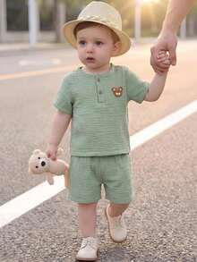 Souflis Souflis French Style New 2pcs Baby Boy Cute Casual Bear Print Short Sleeve Top And Pants Set - Green - View 2