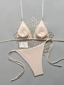 Swim Mod Set Pakaian Renang Bikini Seksi Wanita Musim Panas Warna Polos dengan Tali Leher untuk Pantai - Krem - View 2