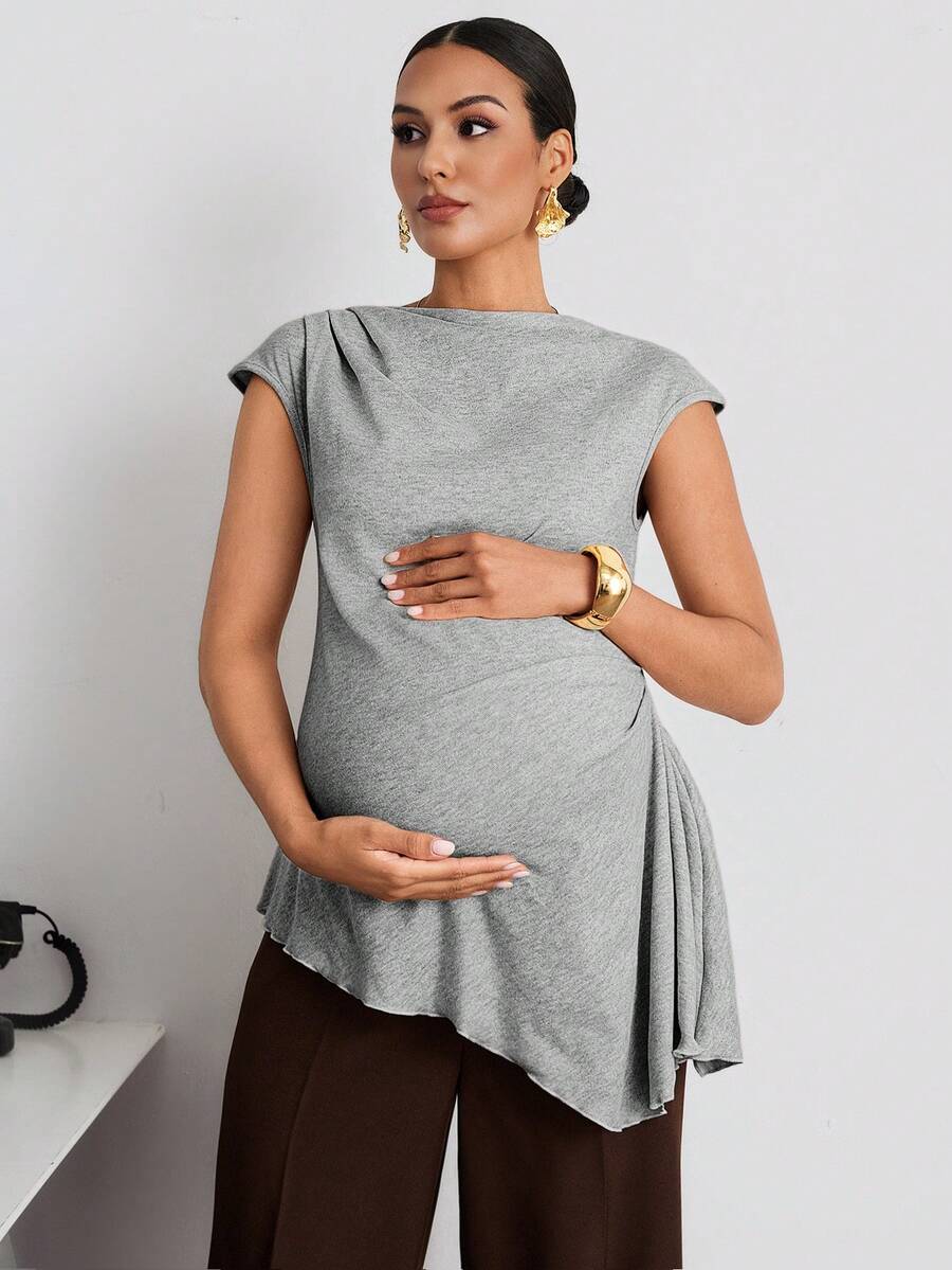 MaterniWear Maternity Solid Color Boat Neck Cap Sleeve Asymmetric Hem Casual Maternity Maternity T-Shirt Summer Photoshoot Photoshoot - Grey - View 1