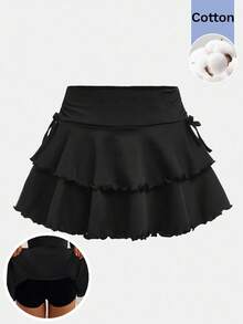 SHEIN 少女街頭休閒黑色針織純色抽繩抓皺腰蛋糕裙 - 黑色 - 查看 3