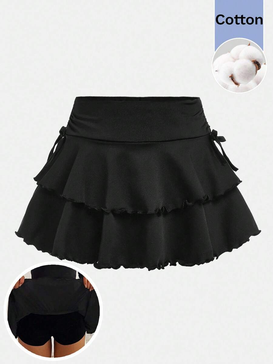 SHEIN Tween Girl Street Casual Black Knit Solid Color Drawstring Ruched Waist Cake Skirt - Black - View 1