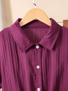 SHEIN 2件組青少年女孩休閒返校夏季條紋紋理短袖上衣，蝴蝶結裝飾 - 紫色 - 查看 8