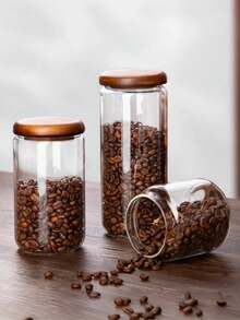 1Pc Glass Food Storage Containers With Airtight Wooden Lids, Glass Jars For Home & Office Use, Clear Glass Canisters For Tea, Coffee Beans, Nuts, Spices, Sugar, Overnight Oats, Cereal, Rice, Candy Storage - Clear - View 10