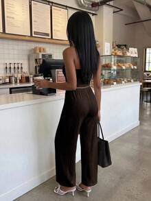 FavEase 夏季兩件套女款抹胸上衣與低腰休閒寬腿褲，白色，適合度假與辦公 - 棕色 - 查看 2