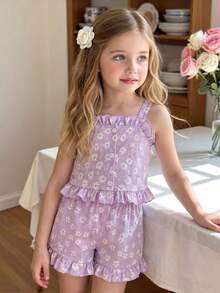 Genkimix Kids Young Girl Summer Casual Jacquard Camisole & Shorts Set 2 Pieces Sets - Purple - View 2
