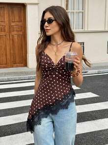 Serisse Women's Brown And White Polka Dot Contrast Lace Asymmetric Hem Cami Tank Top Night Out Sexy Summer Formal Business Chic Back To School - Brown - View 7
