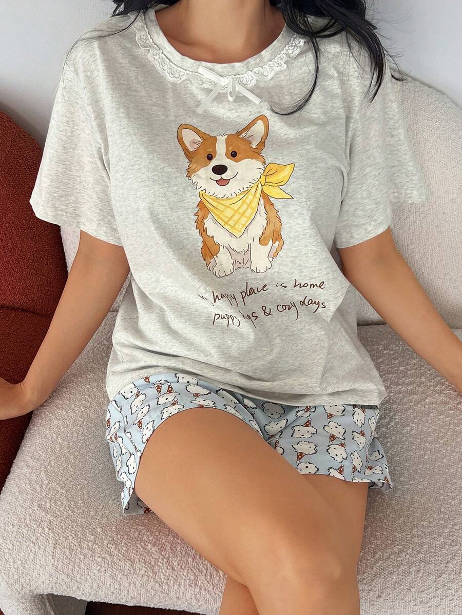 Livesso Happy Puppy Pattern Lace Patchwork Short Sleeve T-Shirt & Puppy All-Over Print Short Pajama Pants 2pcs Set, Summer Wear Women's Pajama Set - Grey - View 1