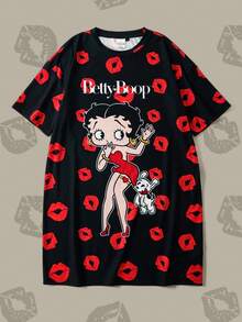 Betty Boop x SHEIN 女士休闲唇印人像图案圆领短袖睡衣连衣裙，夏季，Moo Moo 睡衣连衣裙卡通人物衬衫女士卡通衬衫宽松T恤 - 黑色 - 查看 1