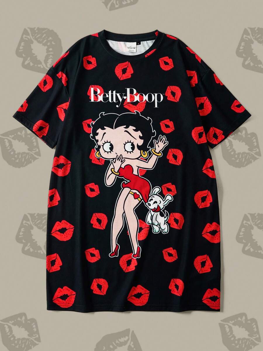 Betty Boop x SHEIN 女士休闲唇印人像图案圆领短袖睡衣连衣裙,夏季,Moo Moo 睡衣连衣裙卡通人物衬衫女士卡通衬衫宽松T恤 - 黑色 - 查看 1