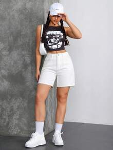 SHEIN Tall Y2K 基本款中腰休閒水洗牛仔短褲 女款 日常白色夏季 高個女性適用 - 白色 - 查看 5