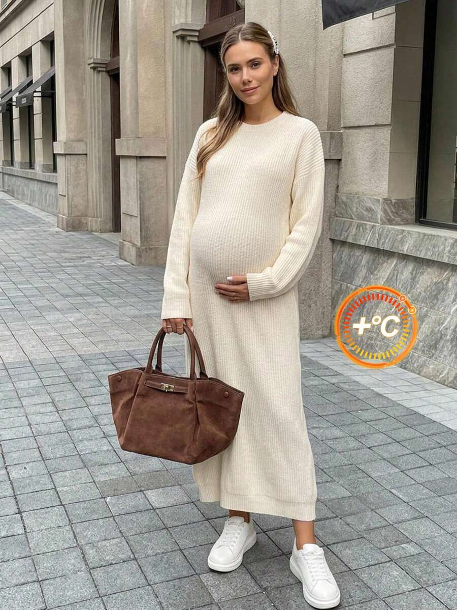 SHEIN Maternity Solid Color Casual Daily Knit Dress Winter - Apricot - View 1