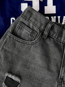 SHEIN Shorts vaqueros desgastados de tiro bajo con dobladillo deshilachado, estilo casual de primavera y verano para adolescentes, ideal para playa, vacaciones, boho, conciertos y festivales de verano - Negro - Ver 3