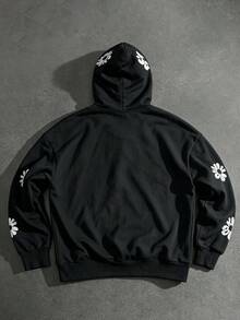 ROMWE MEN Street Life 男士字母圖案抽繩連帽拉鍊長袖運動衫 - 黑色 - 查看 2