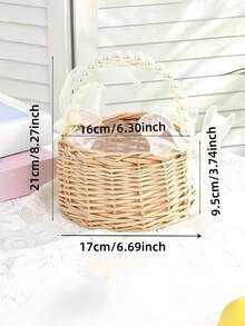 1/2PCS Handmade Pearl Beaded Princess Flower Basket Rattan Woven Storage Basket Handheld Bouquet Basket Handcrafted Home Wedding Party Decor Gift For Her Valentine Birthday - Multicolor - View 7
